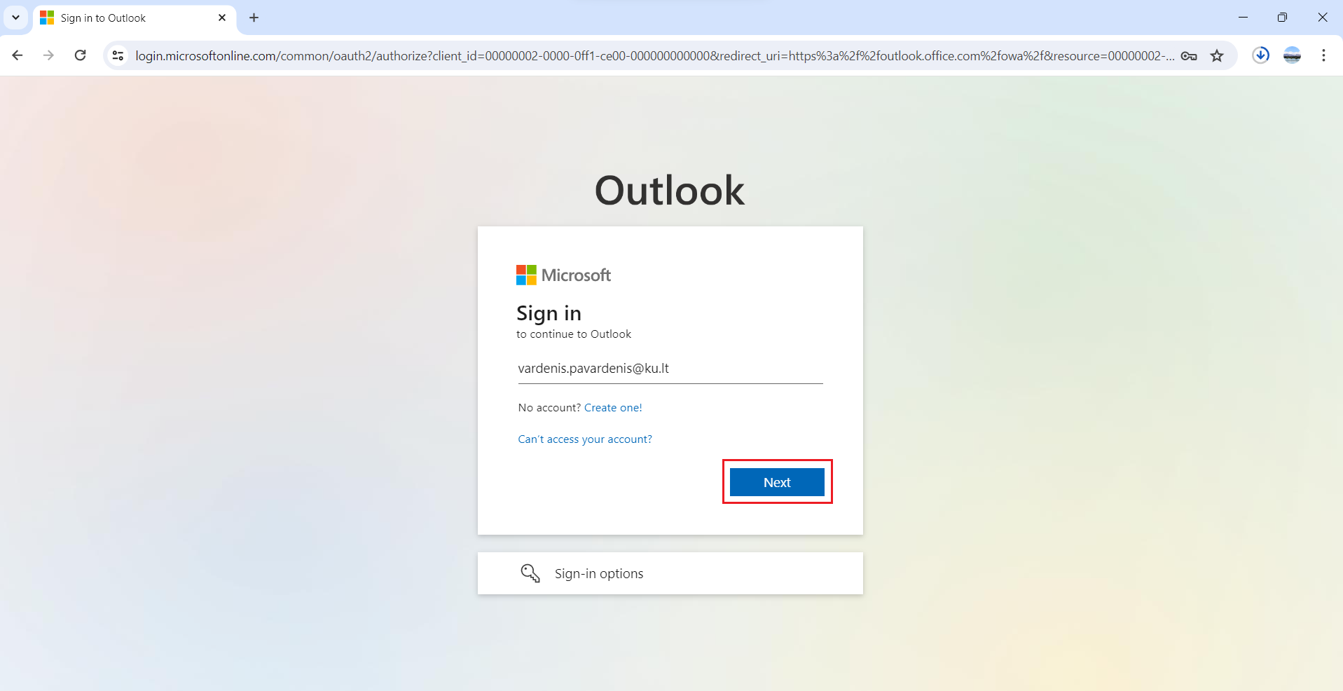 Email address entry window