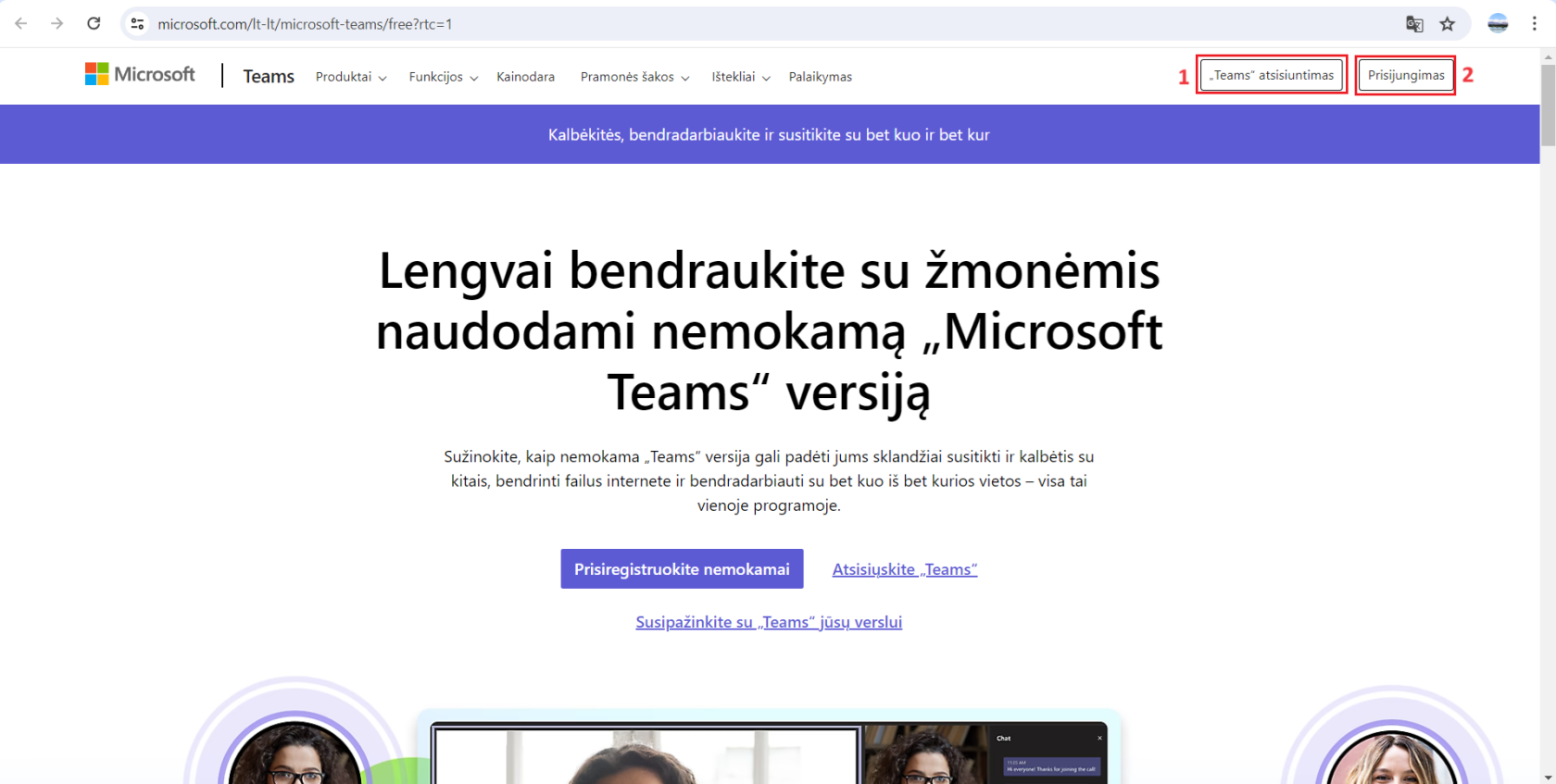 „Teams“ pagrindinis puslapis su pasirinkimais
