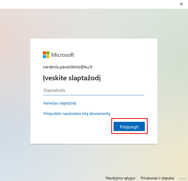 Adreso ir slaptažodžio suvedimas