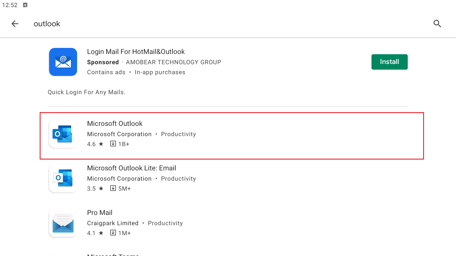 Microsoft Outlook app in search