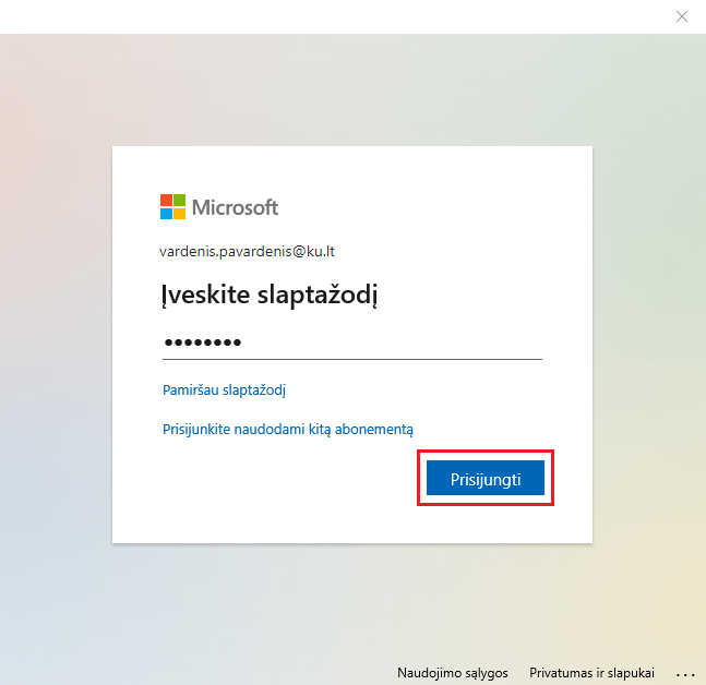 Paskyros slaptažodžio įvedimas