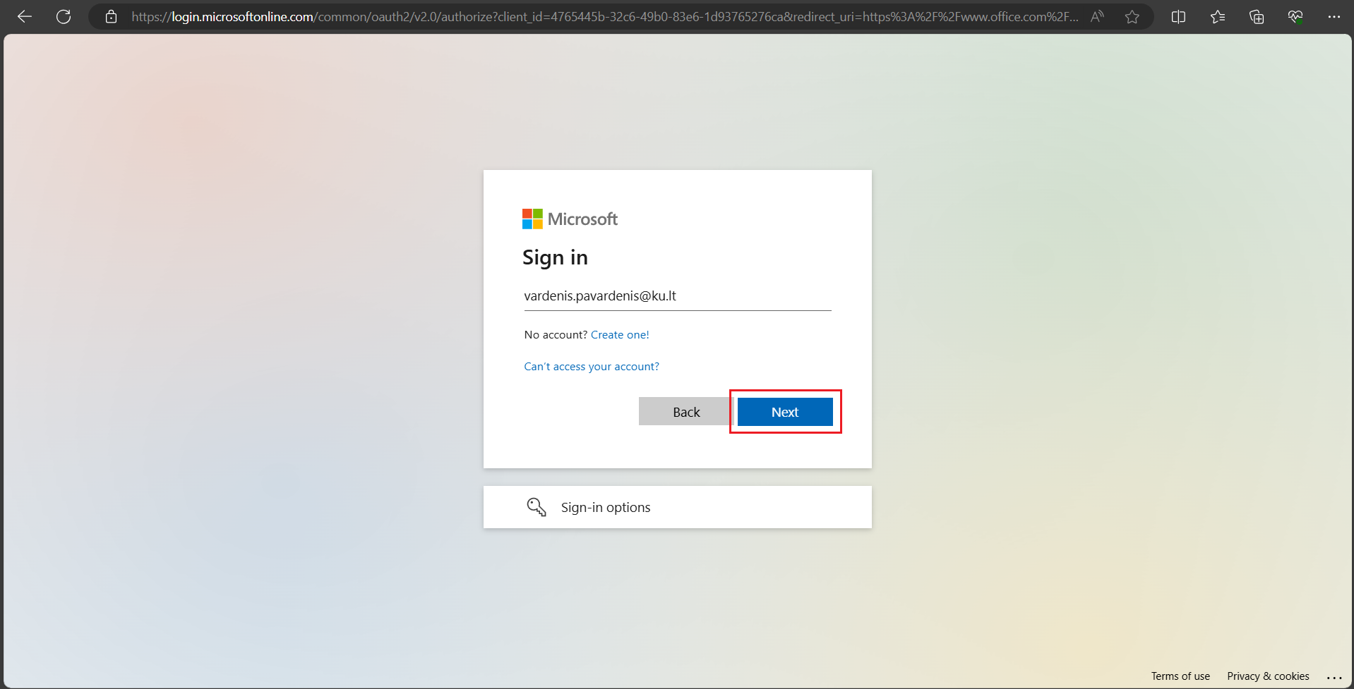Email address entry window