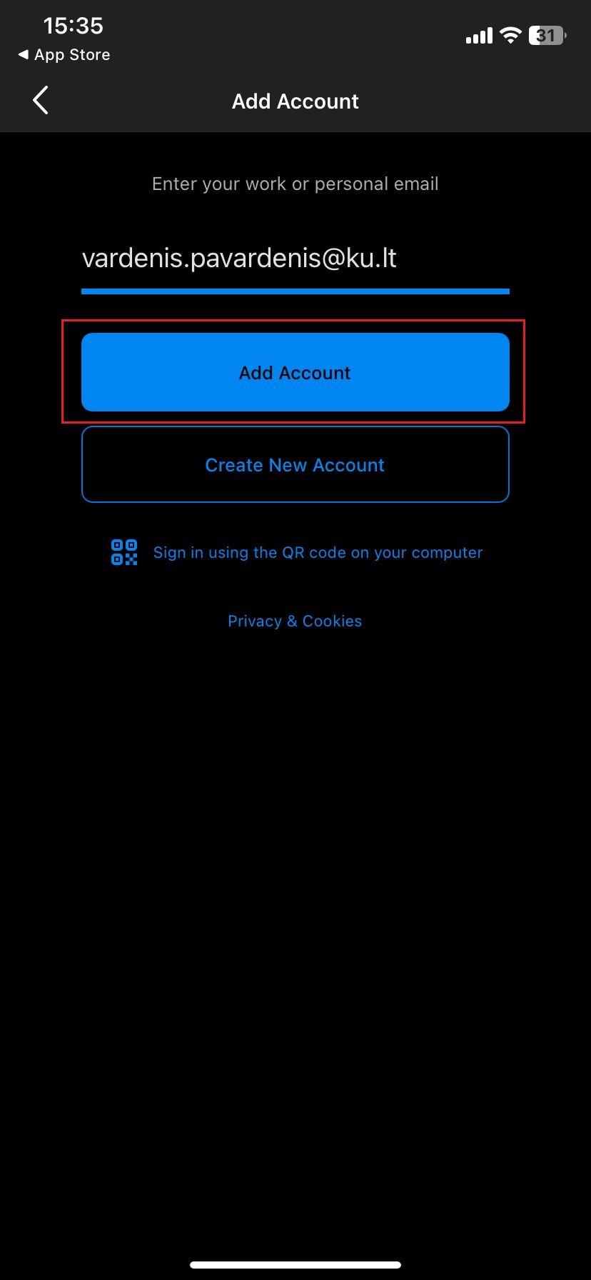 Entering the email address