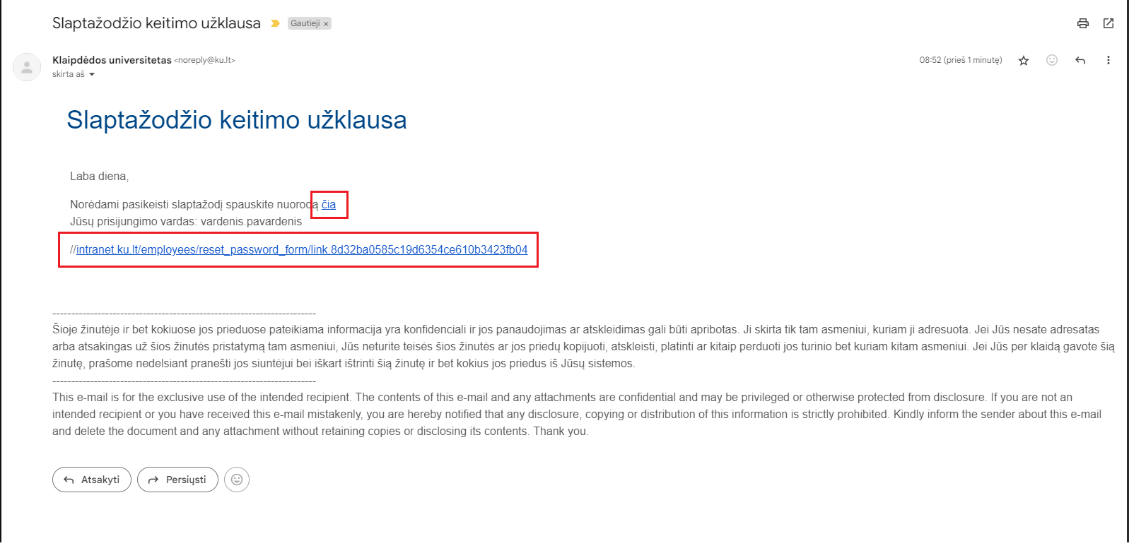 Slaptažodžio keitimo užklausa.