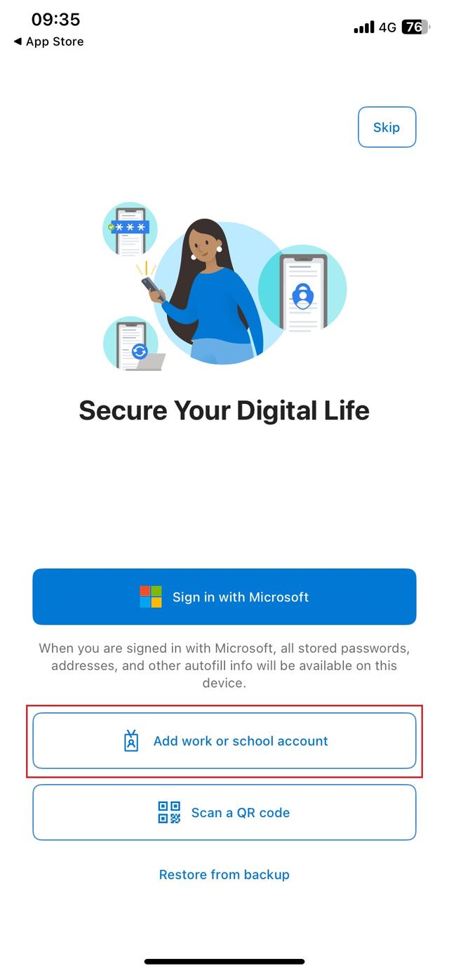 Selecting account type in the app