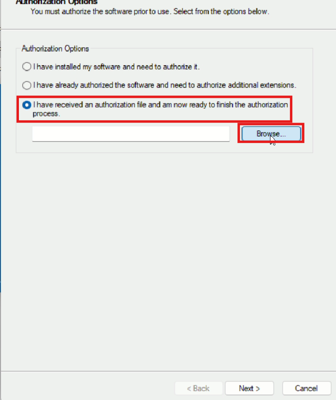 Authorization file selection window