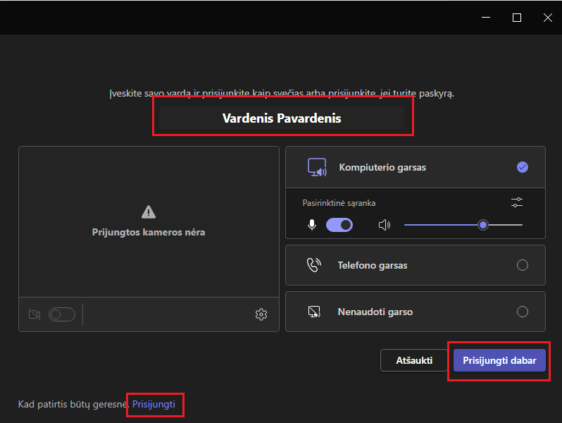 Galutinis prisijungimo mygtukas programėlėje