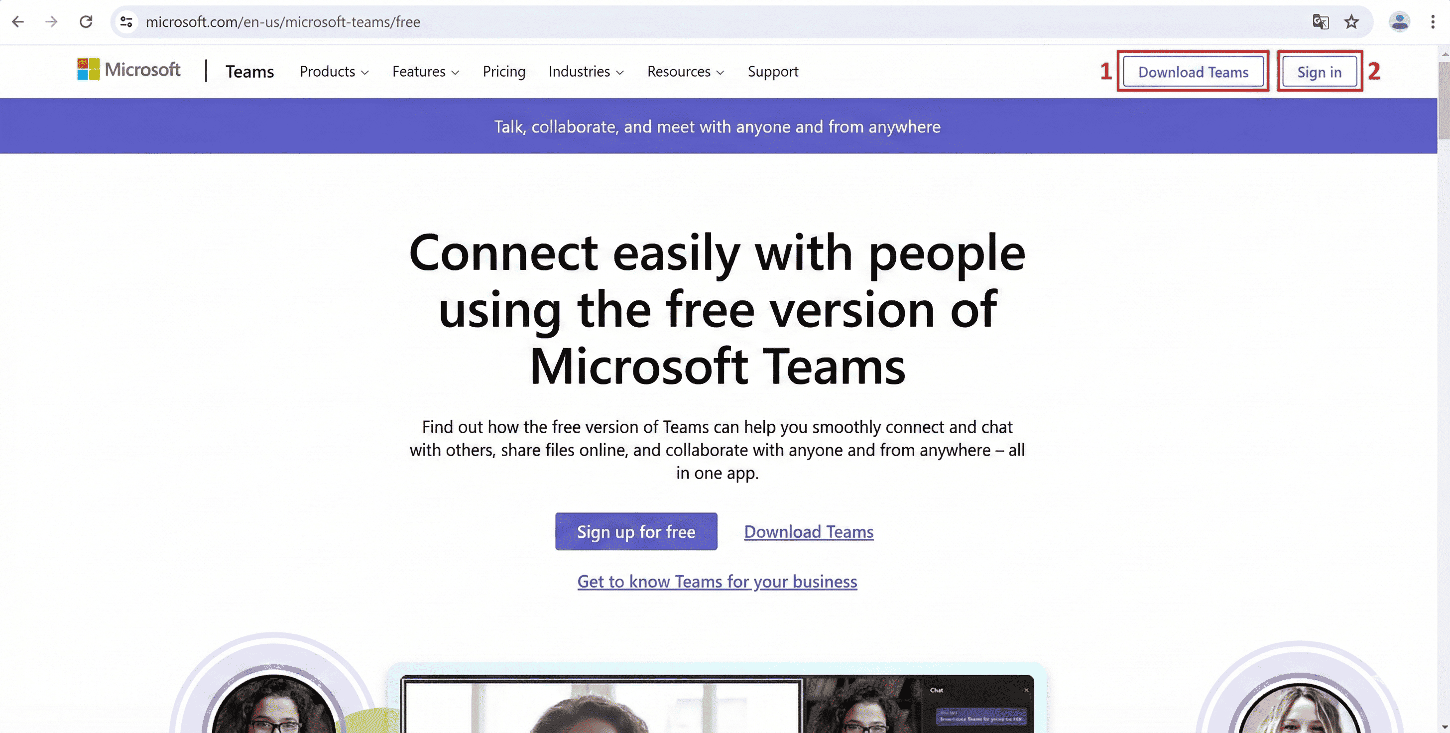 Teams home page with options