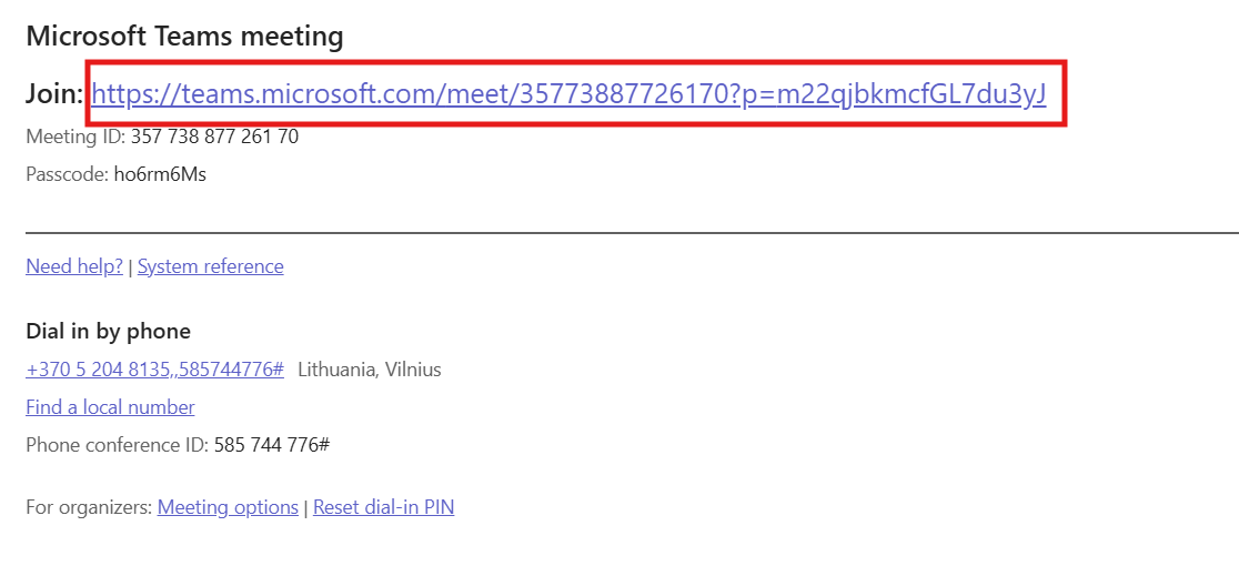 Meeting link within the invitation email