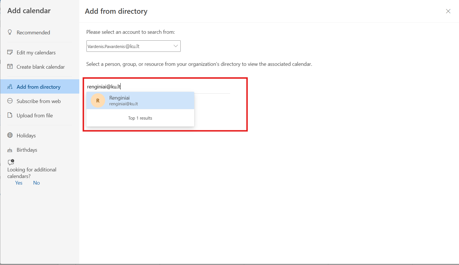 Calendar search and account selection