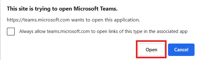Browser prompt to open the Teams application
