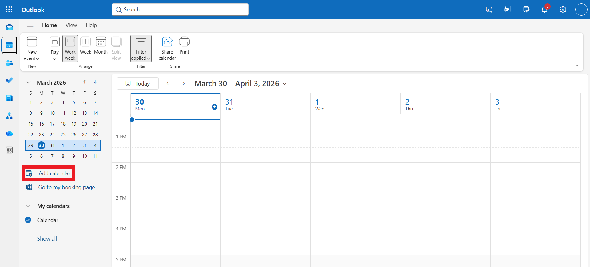 "Add calendar" button in the browser window