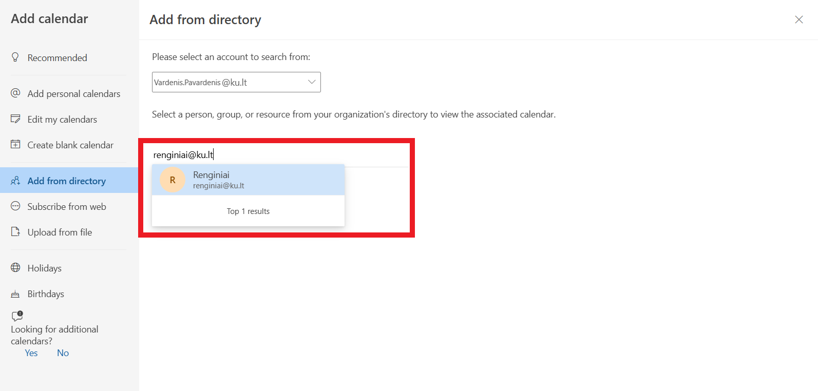 Calendar search and account selection