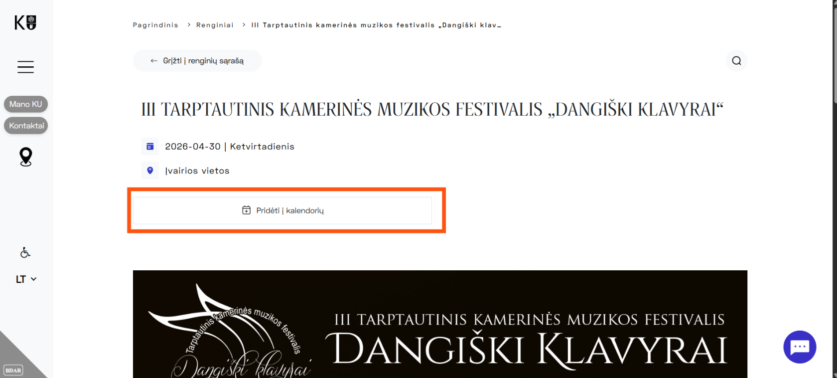 Mygtukas „Pridėti į kalendorių“ renginio puslapyje