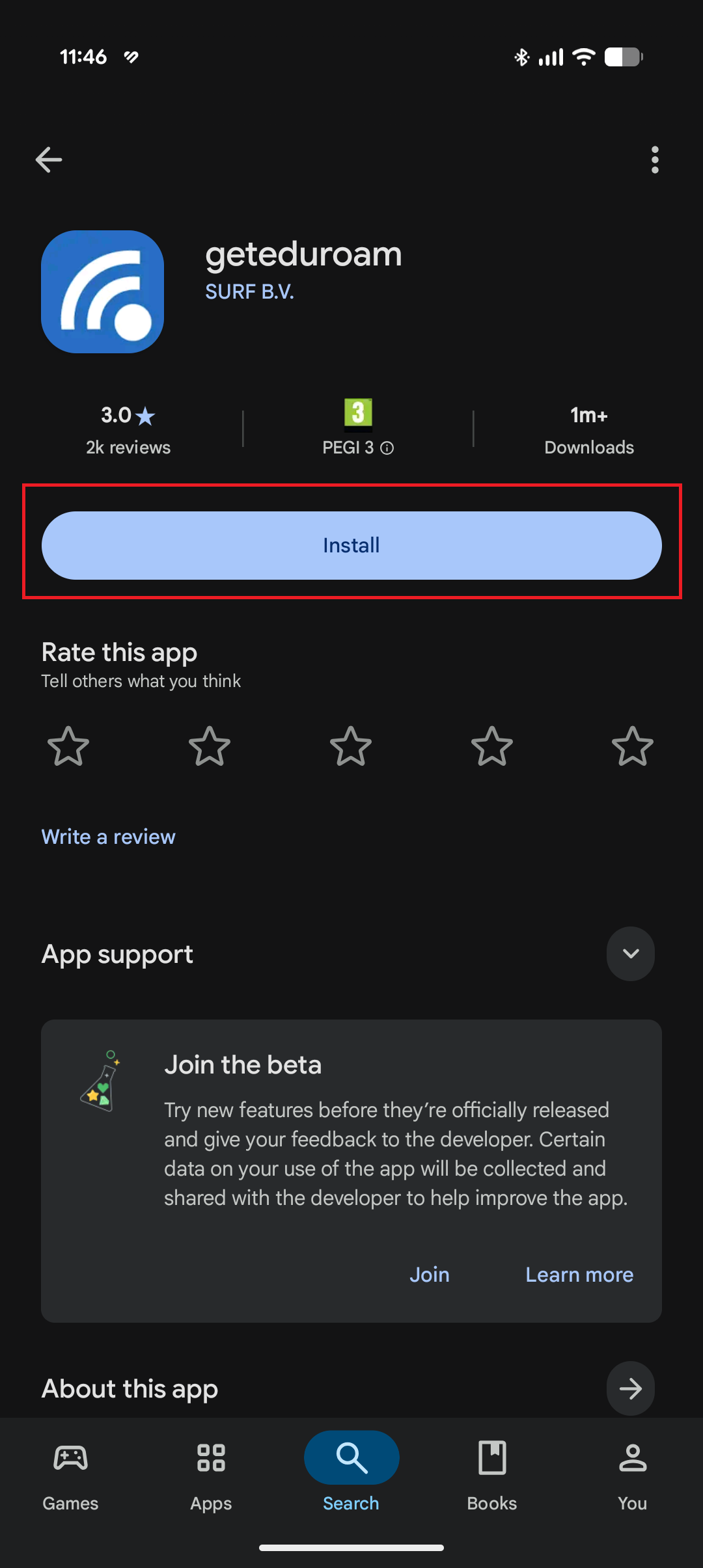 Mygtukas „Install“ „Google Play“ parduotuvėje