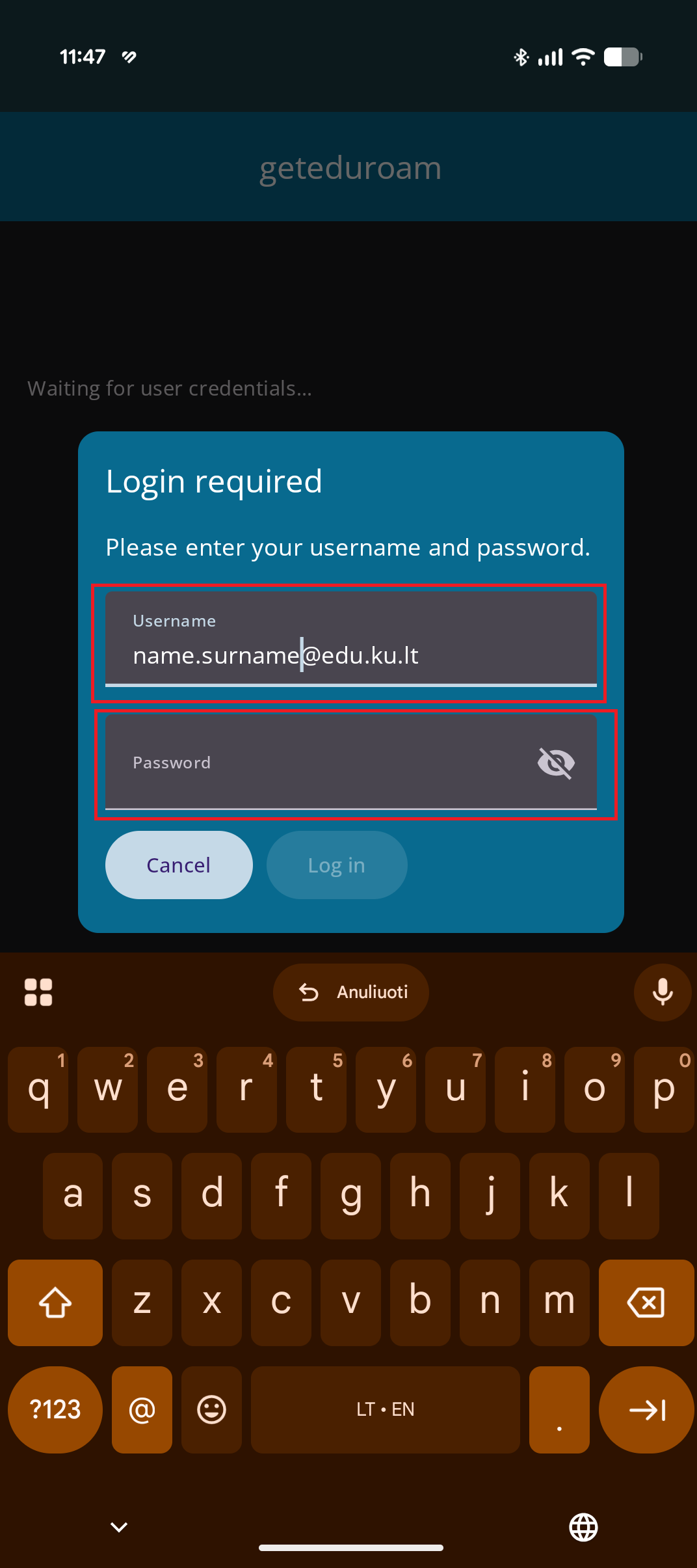 Login credentials screen
