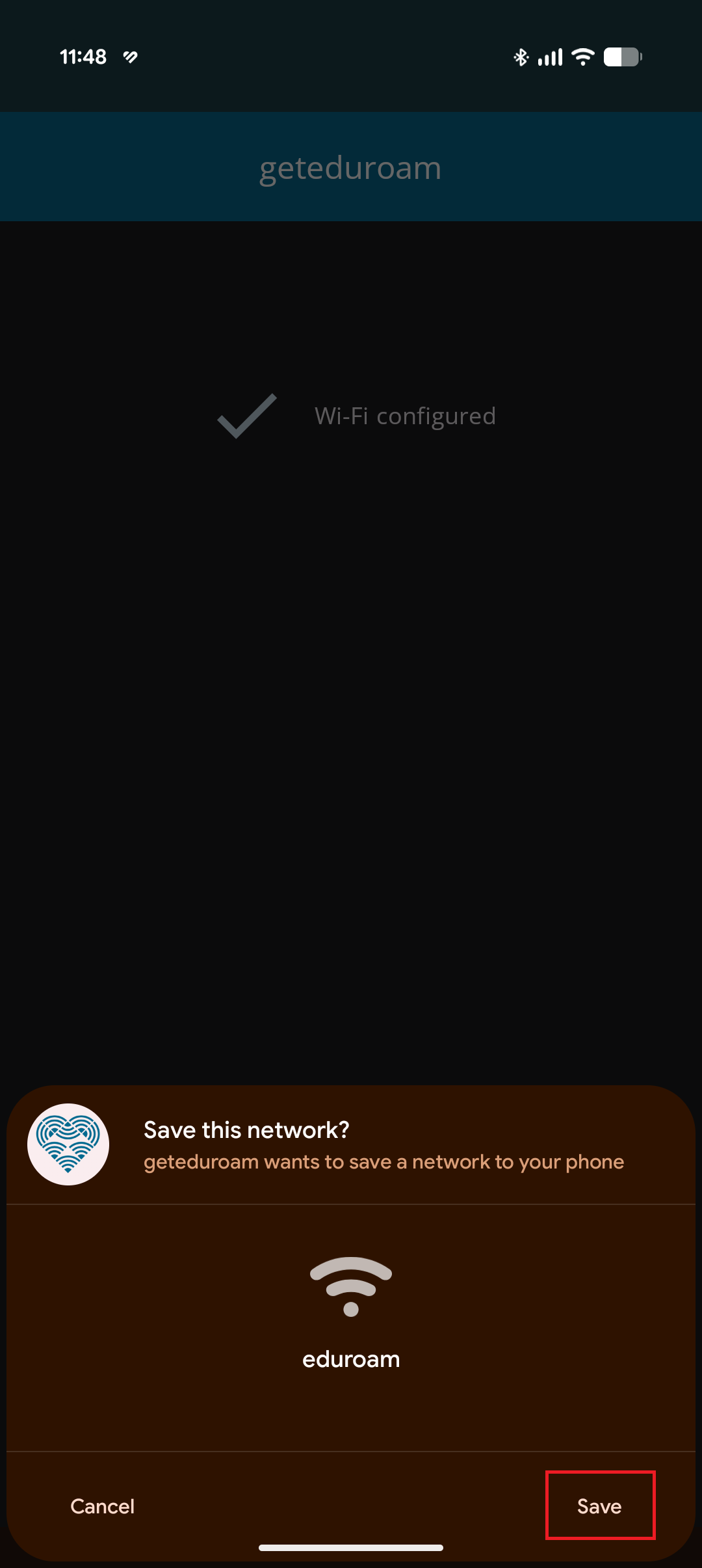 Pranešimas „Save this network?“ su mygtuku „Save“