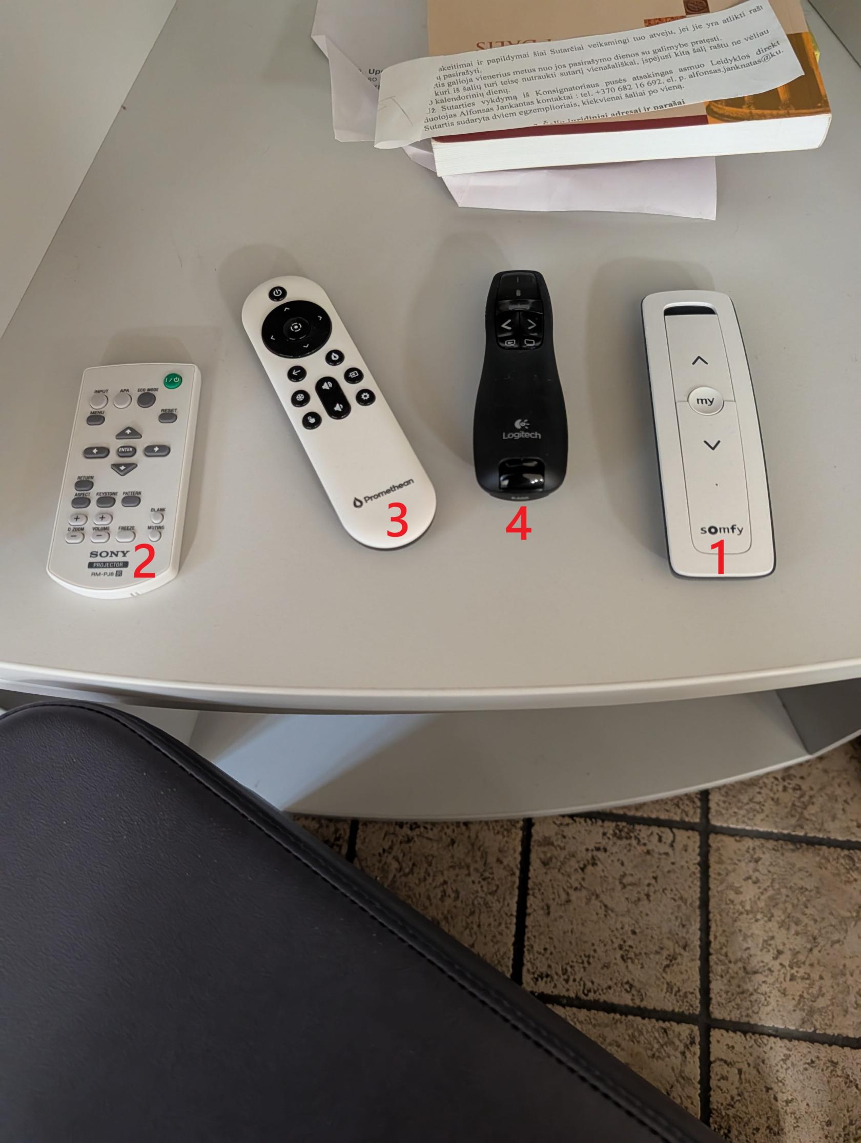 Salės valdymo pulteliai: Sony projektoriaus, Promethean ekrano, Logitech prezentatoriaus ir Somfy roletų